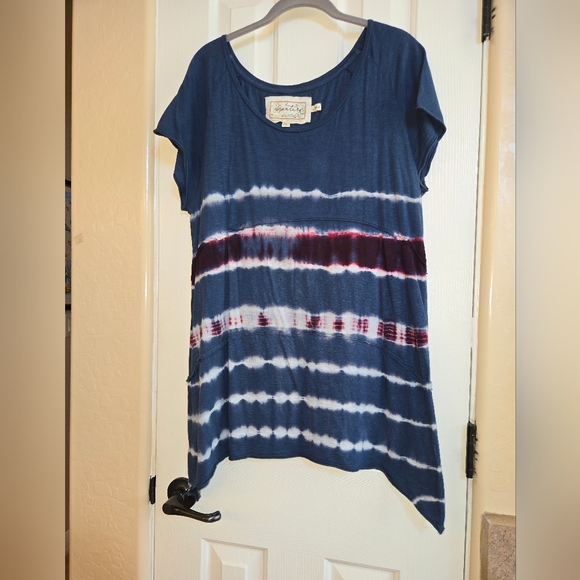 Adventura Tops - Adventura Striped Blue White Purple Cotton Tye-Dye Tunic Top Size Large EUC